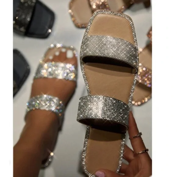 !! NEW !! Embellished Double Strap Square Toe Sandals in Silver - Picture 12 of 12